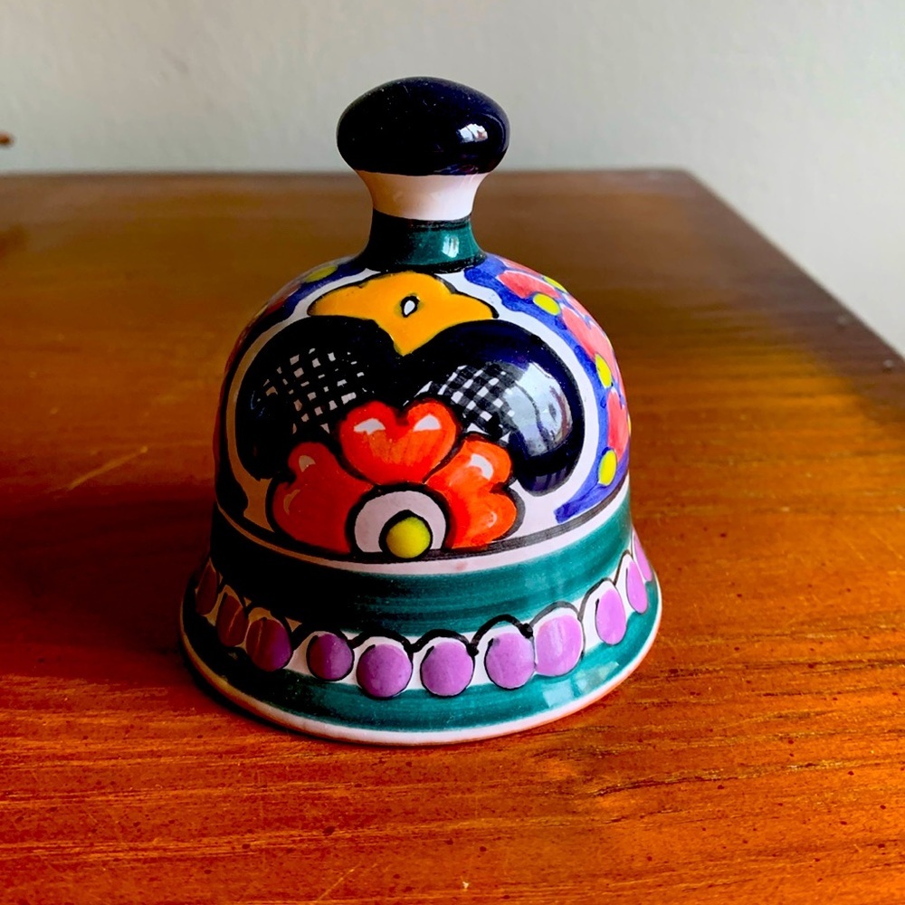 Mexican Talevera Pottery Small Bell signed T. Aragon 8/13/2011 EUC